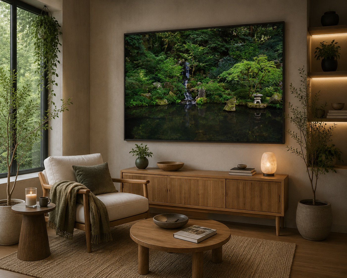 Tranquil waterfall Japanese garden print in a therapy lounge or counseling room